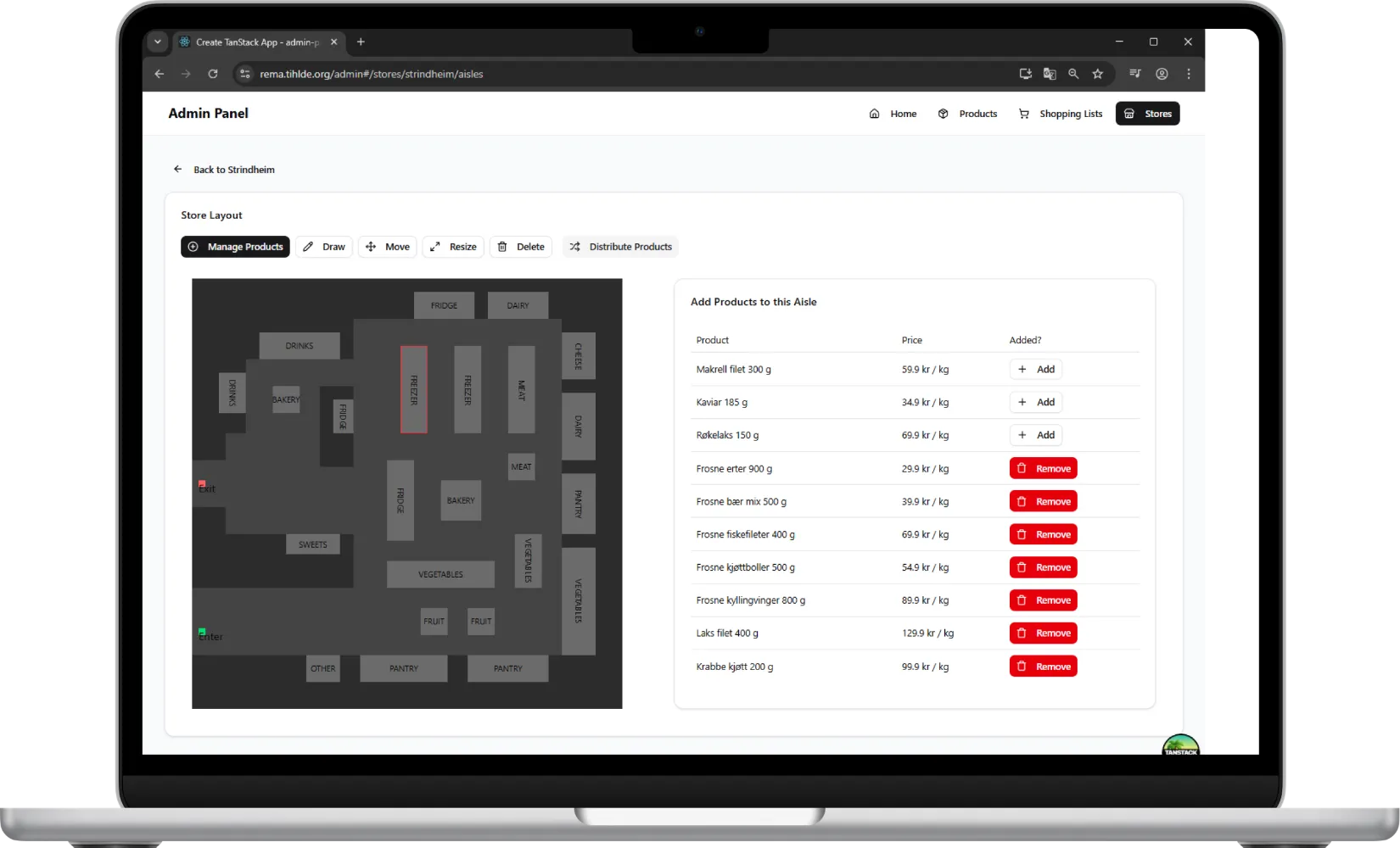 Admin dashboard for adjusting the store map layout